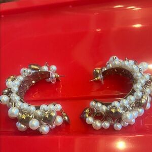 ChaCha earrings with vintage costume pearls and brass hearts, pierced